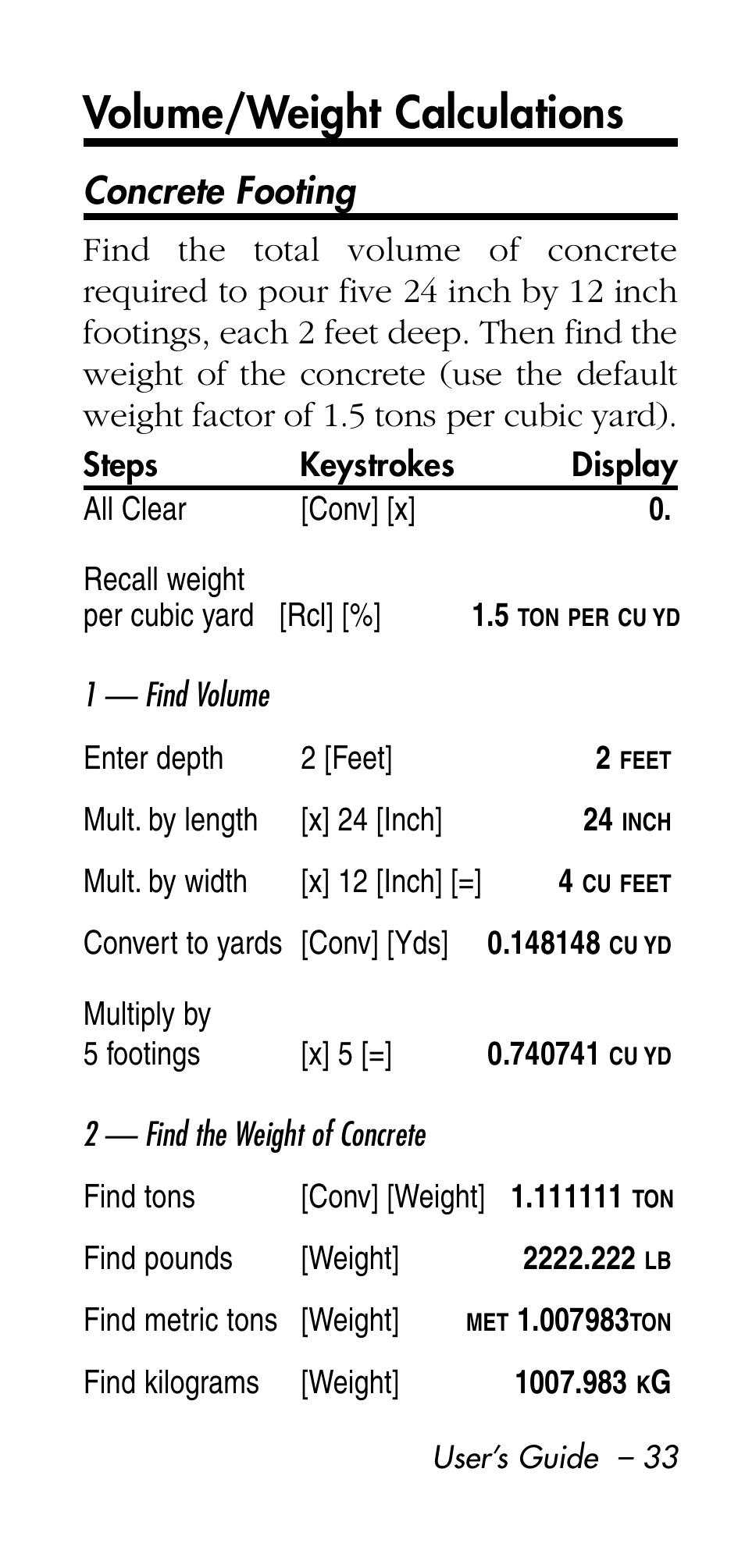 Volume/weight calculations, Concrete footing | Calculated Industries 8545 User Manual | Page 33 / 48