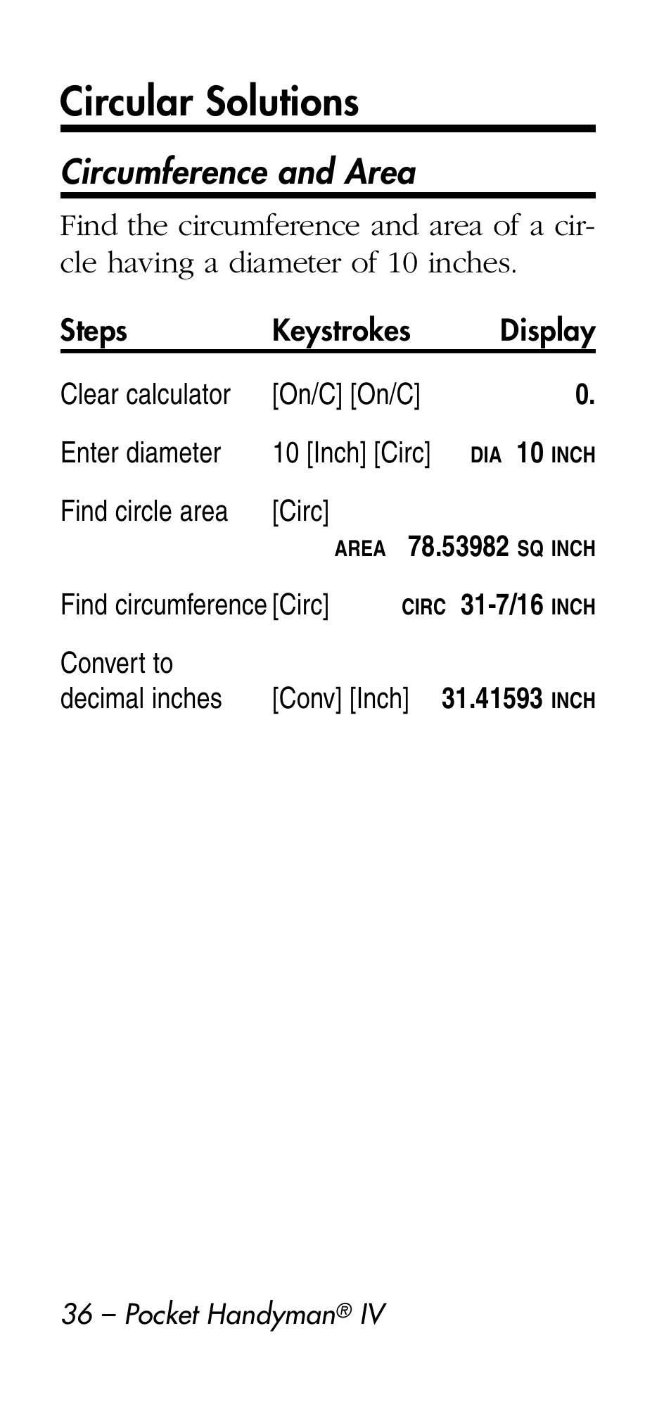 Circular solutions, Circumference and area | Calculated Industries 8545 User Manual | Page 36 / 48