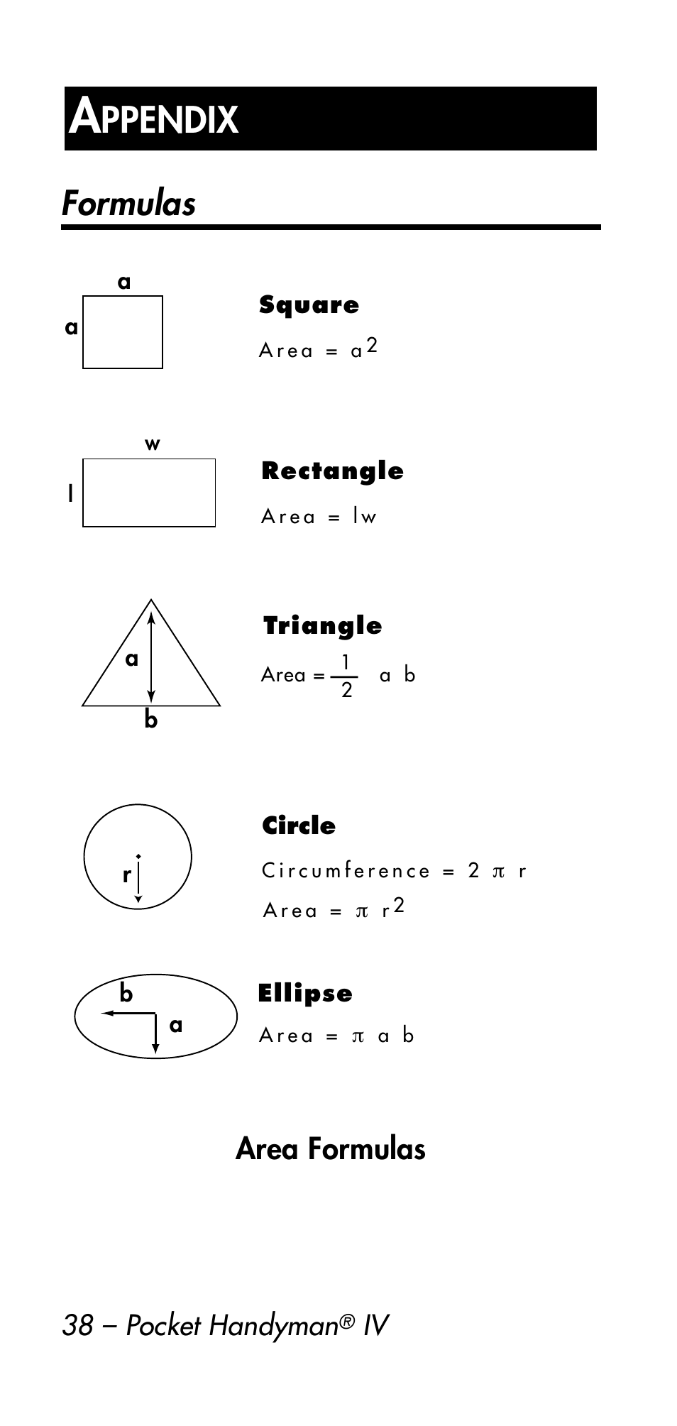 Ppendix, Formulas, Area formulas | 38 – pocket handyman | Calculated Industries 8545 User Manual | Page 38 / 48