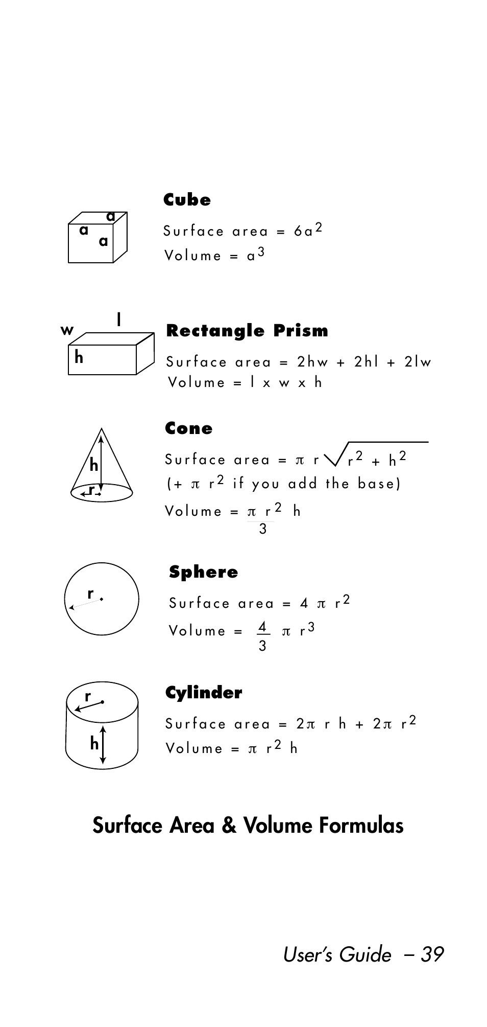 Surface area & volume formulas, User’s guide – 39 | Calculated Industries 8545 User Manual | Page 39 / 48