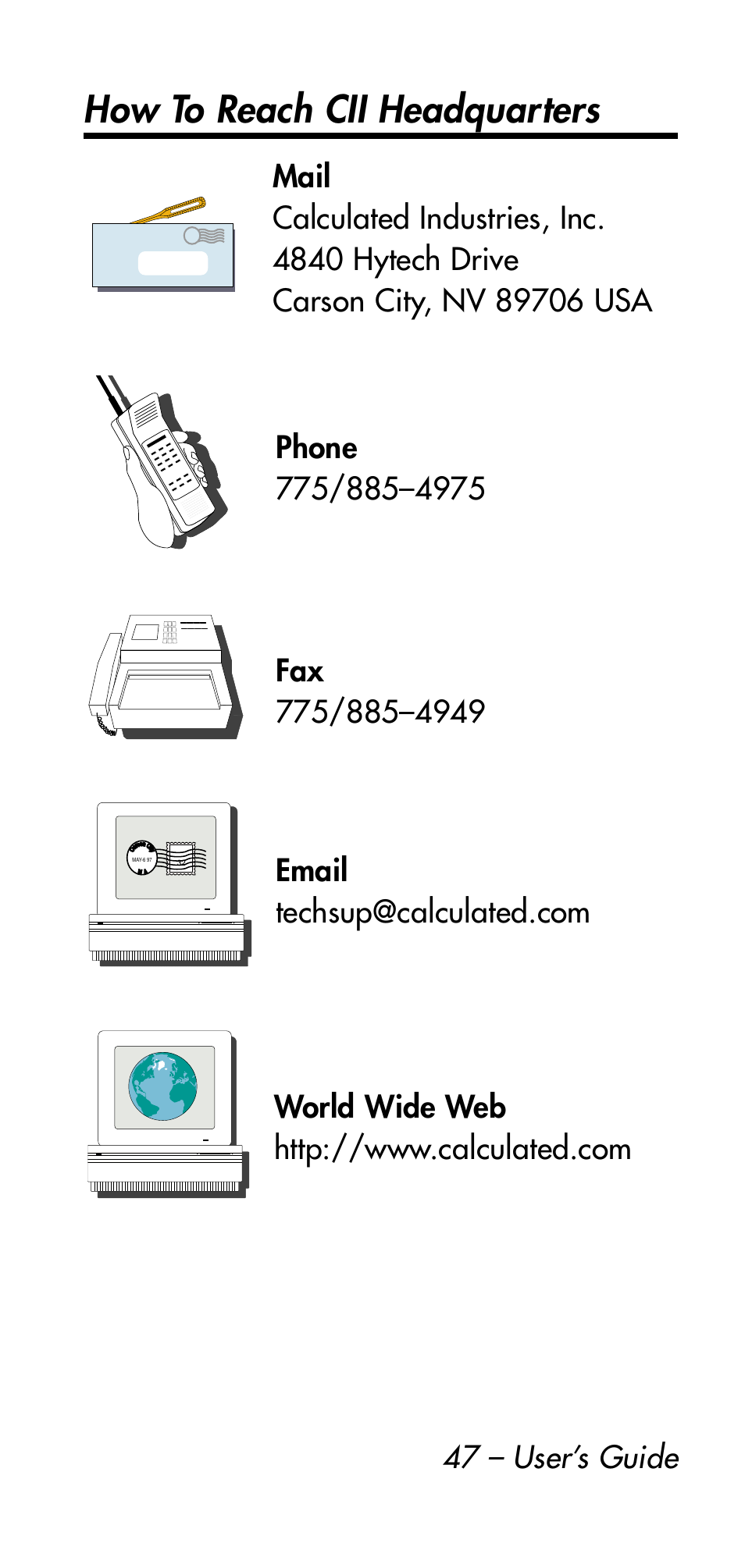 How to reach cii headquarters | Calculated Industries 8545 User Manual | Page 47 / 48