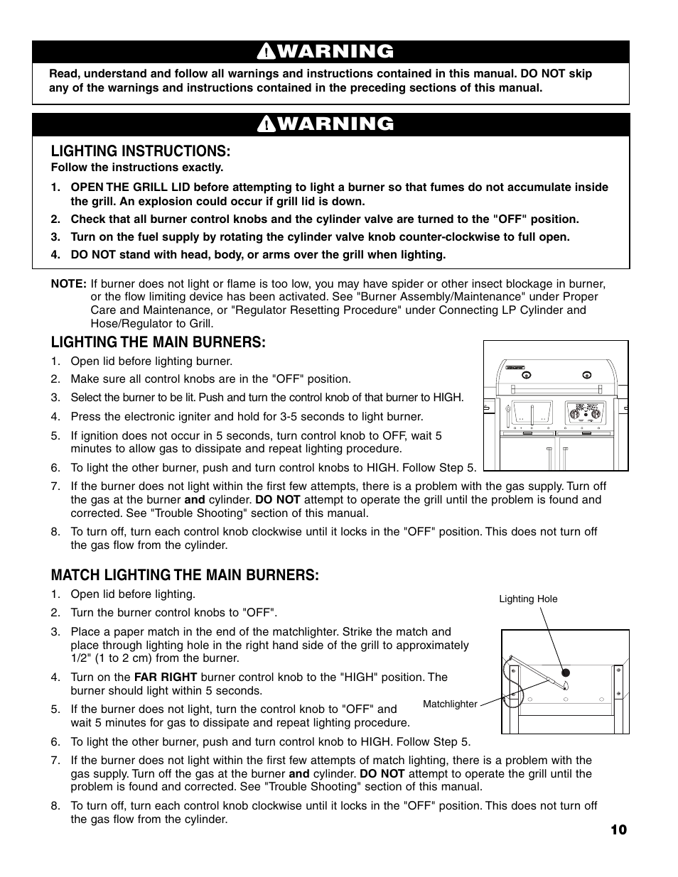 Warning, Lighting instructions, Lighting the main burners | Match lighting the main burners | Brinkmann Charcoal/Gas Grill User Manual | Page 11 / 68
