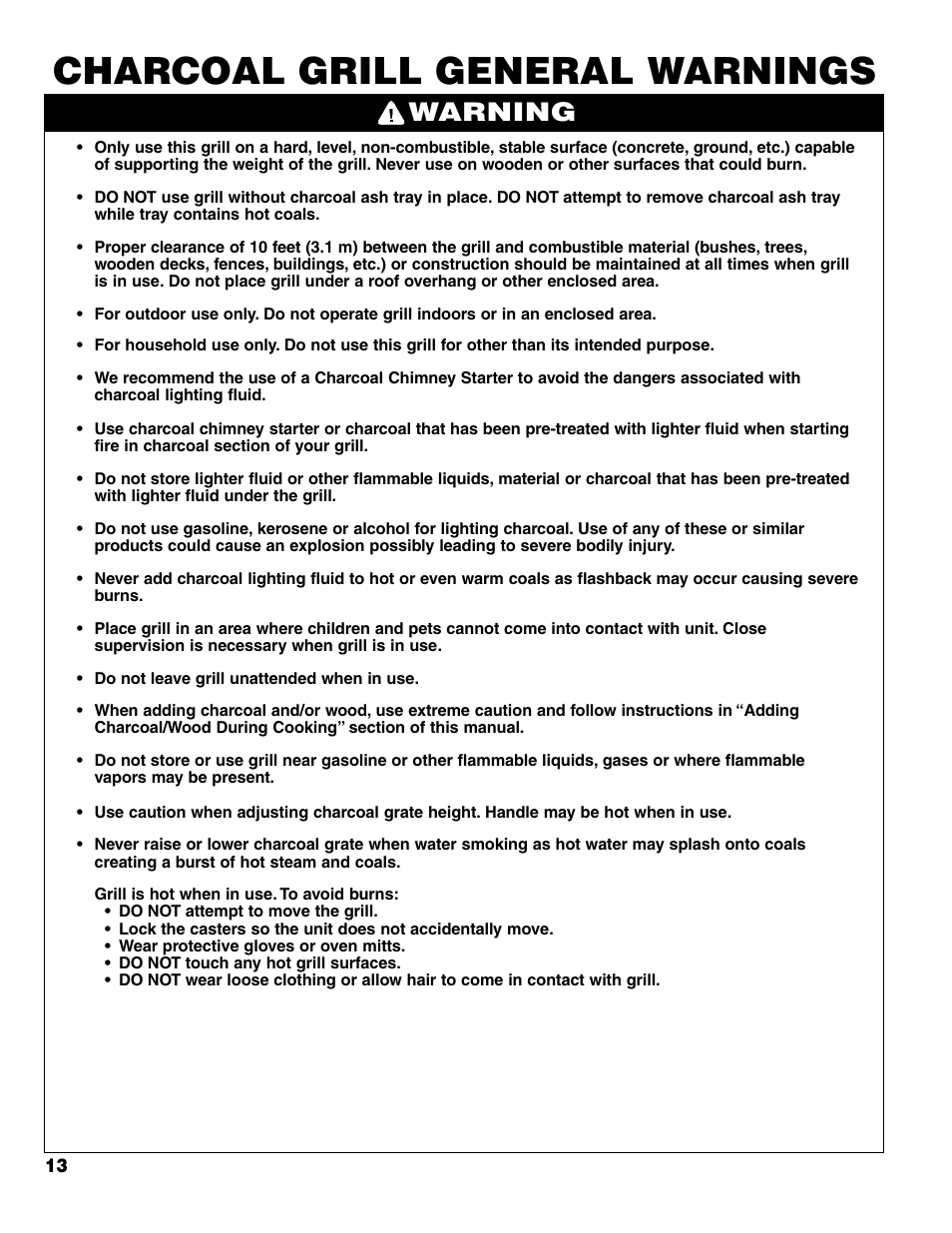Charcoal grill general warnings, Warning | Brinkmann Charcoal/Gas Grill User Manual | Page 14 / 68