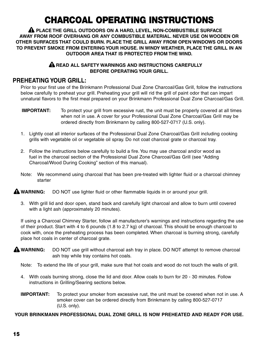 Charcoal operating instructions, Preheating your grill | Brinkmann Charcoal/Gas Grill User Manual | Page 16 / 68