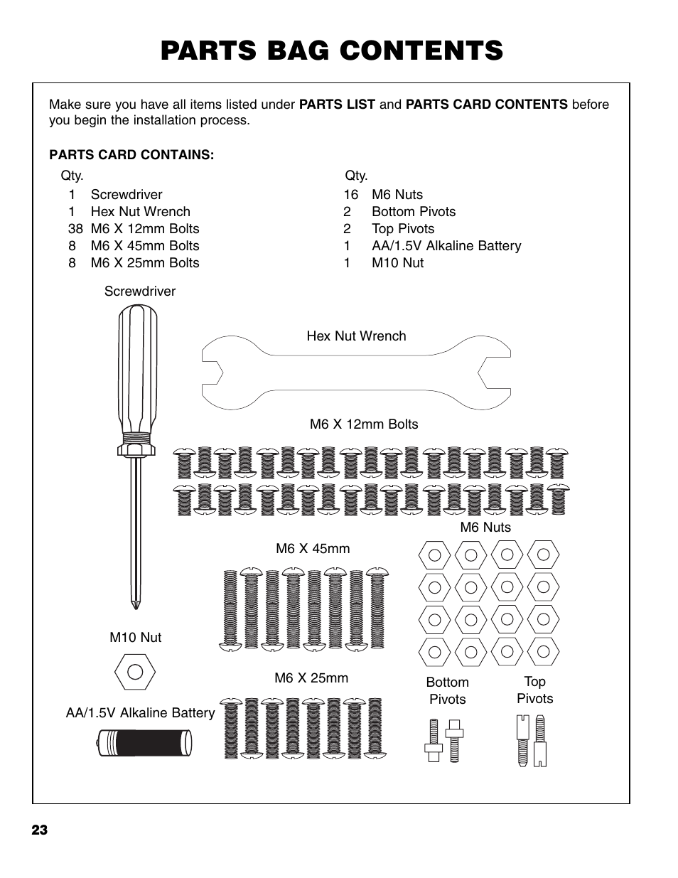 Parts bag contents | Brinkmann Charcoal/Gas Grill User Manual | Page 24 / 68
