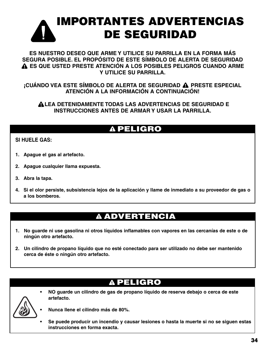 Importantes advertencias de seguridad, Peligro, Advertencia peligro | Brinkmann Charcoal/Gas Grill User Manual | Page 35 / 68