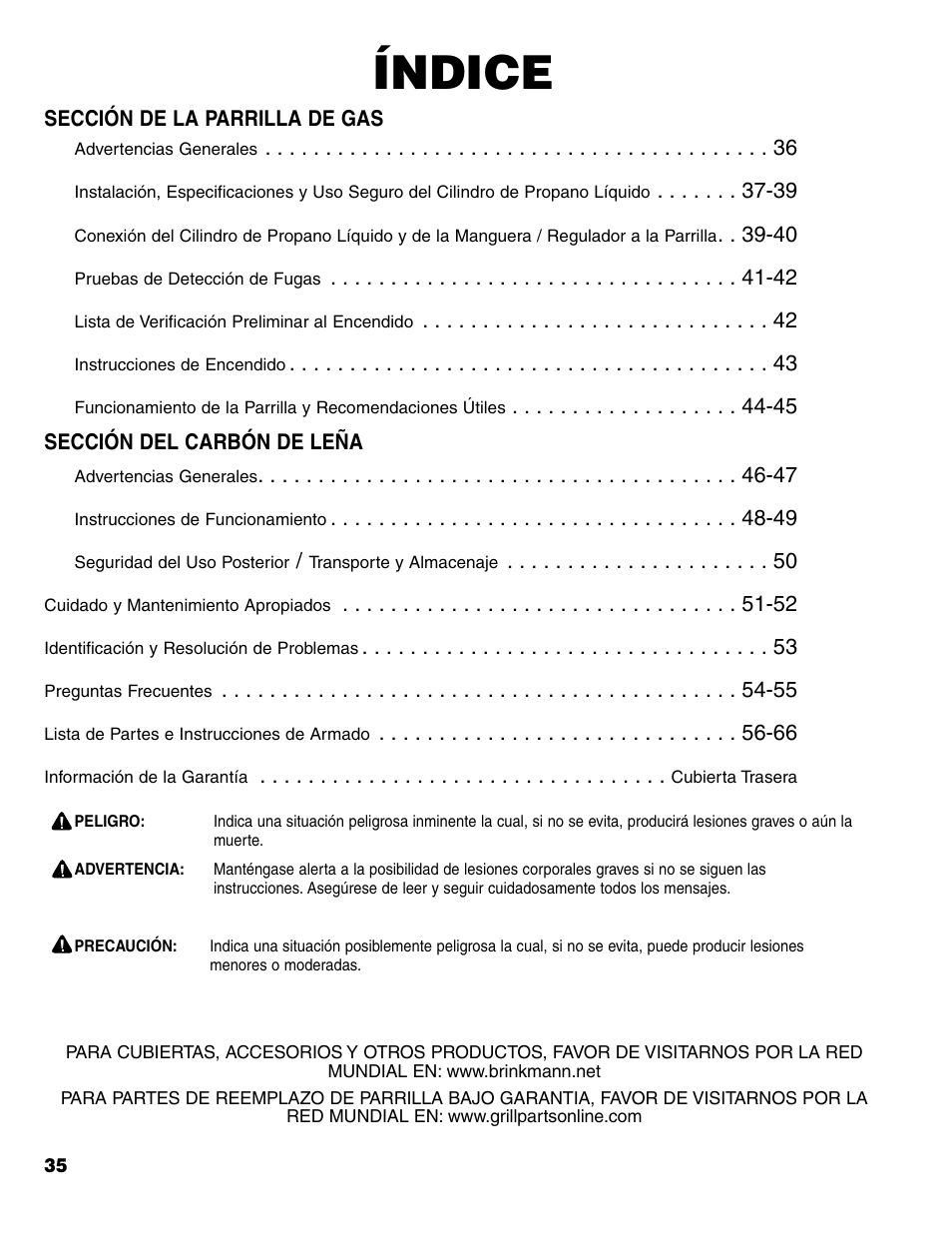 Índice | Brinkmann Charcoal/Gas Grill User Manual | Page 36 / 68