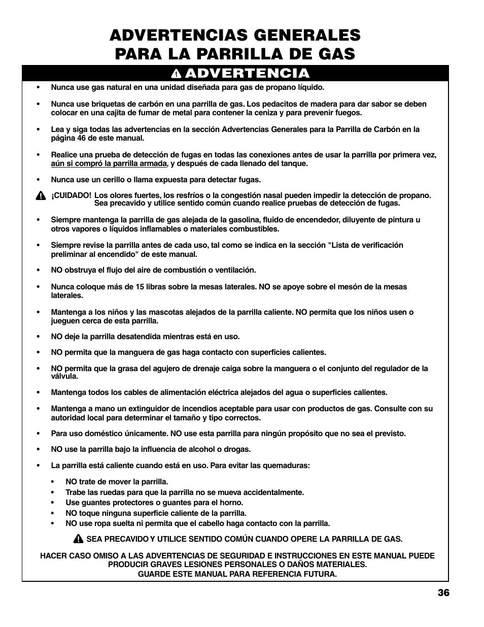 Advertencias generales para la parrilla de gas, Advertencia | Brinkmann Charcoal/Gas Grill User Manual | Page 37 / 68