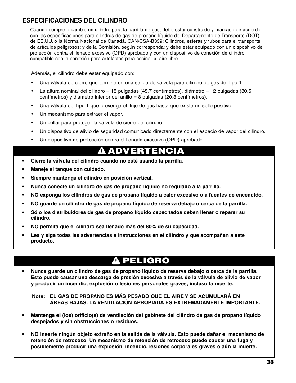 Advertencia peligro, Especificaciones del cilindro | Brinkmann Charcoal/Gas Grill User Manual | Page 39 / 68
