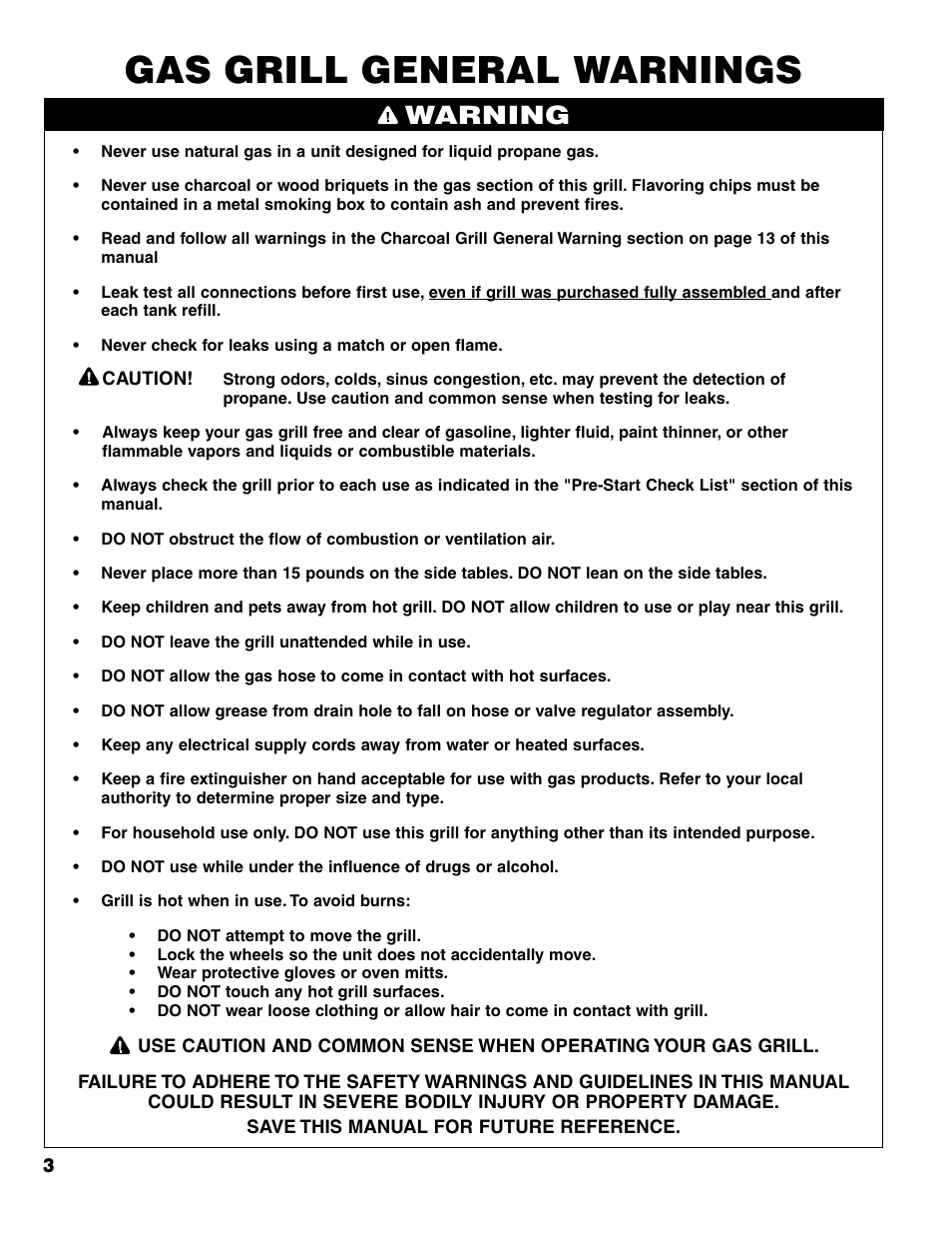 Gas grill general warnings, Warning | Brinkmann Charcoal/Gas Grill User Manual | Page 4 / 68