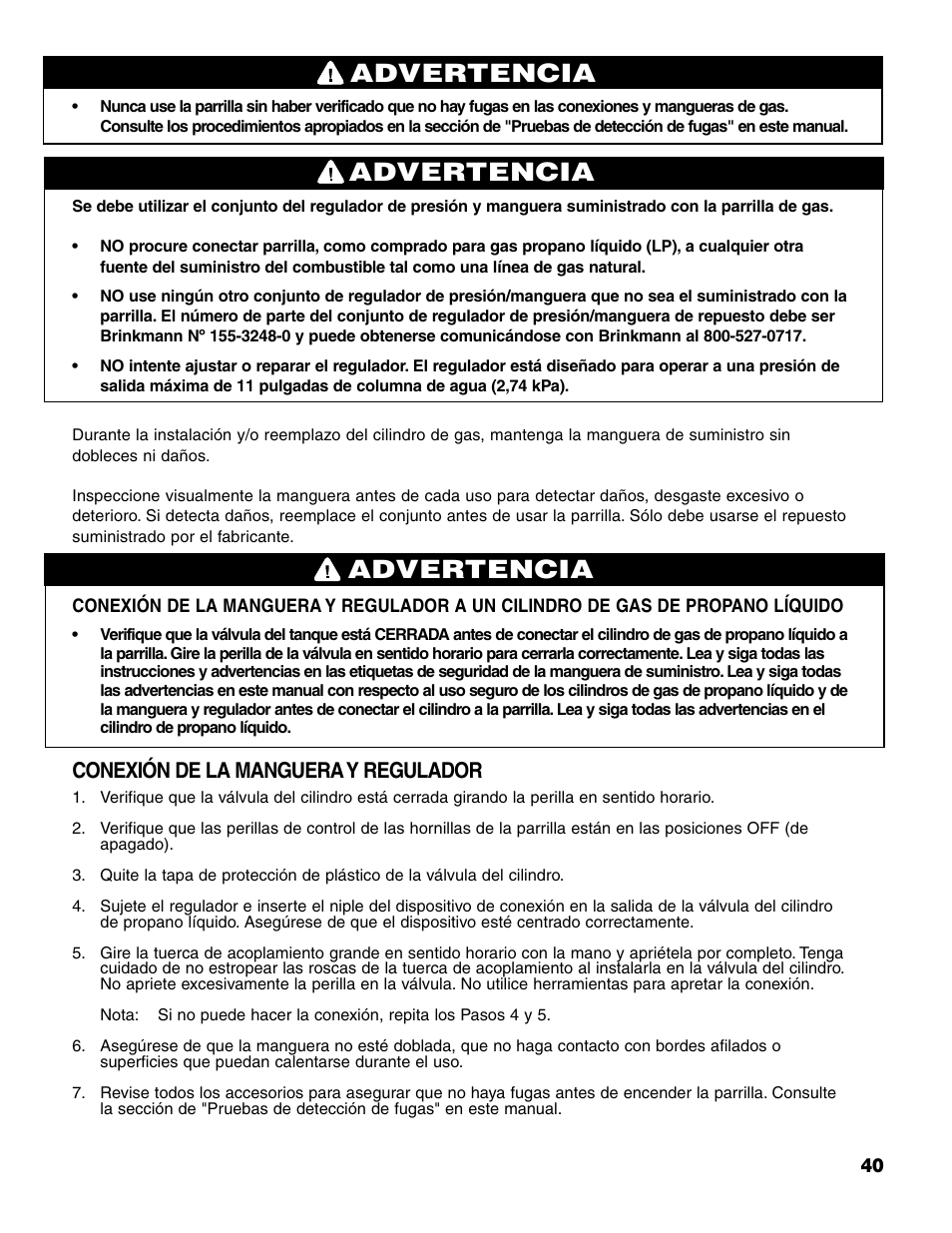 Advertencia, Conexión de la manguera y regulador | Brinkmann Charcoal/Gas Grill User Manual | Page 41 / 68