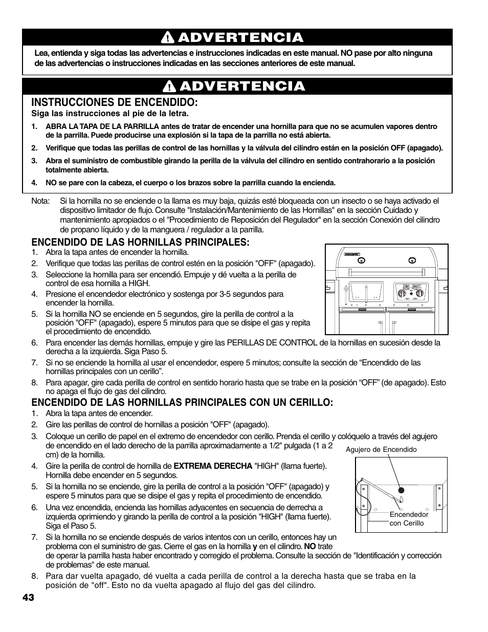Advertencia, Instrucciones de encendido, Encendido de las hornillas principales | Brinkmann Charcoal/Gas Grill User Manual | Page 44 / 68