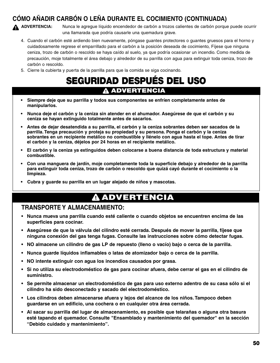 Seguridad después del uso, Advertencia, Transporte y almacenamiento | Brinkmann Charcoal/Gas Grill User Manual | Page 51 / 68