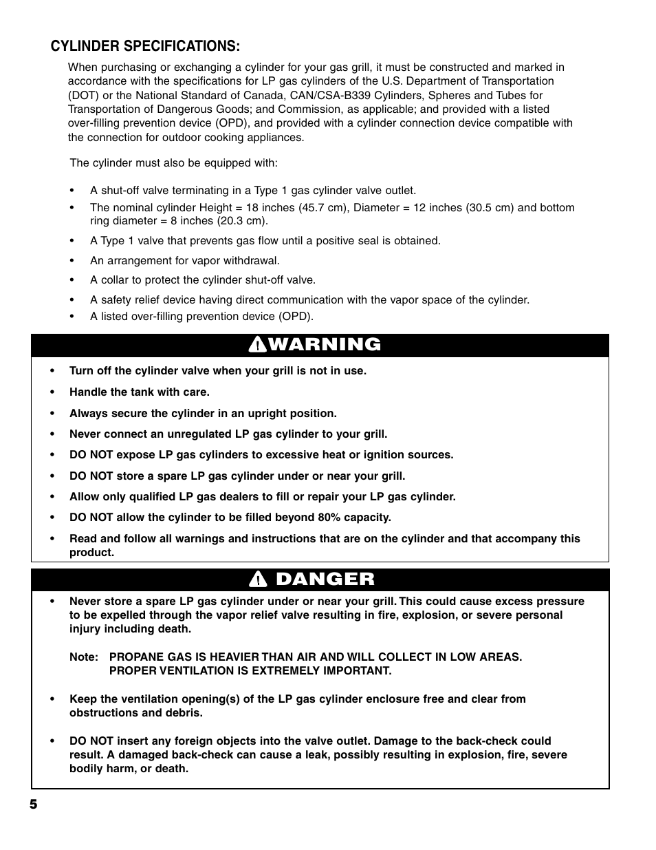 Warning danger, Cylinder specifications | Brinkmann Charcoal/Gas Grill User Manual | Page 6 / 68