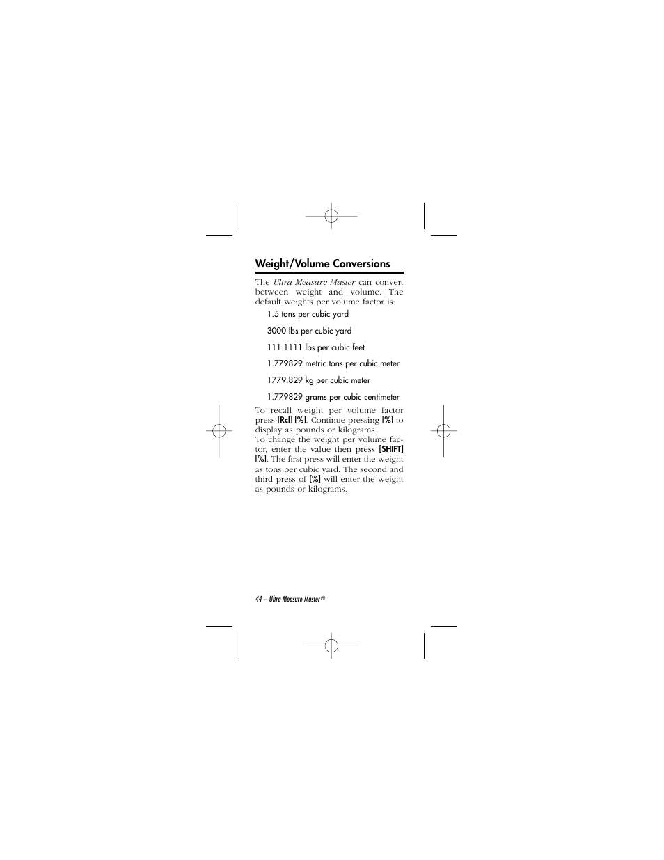 Weight/volume conversions | Calculated Industries 8015 User Manual | Page 44 / 64