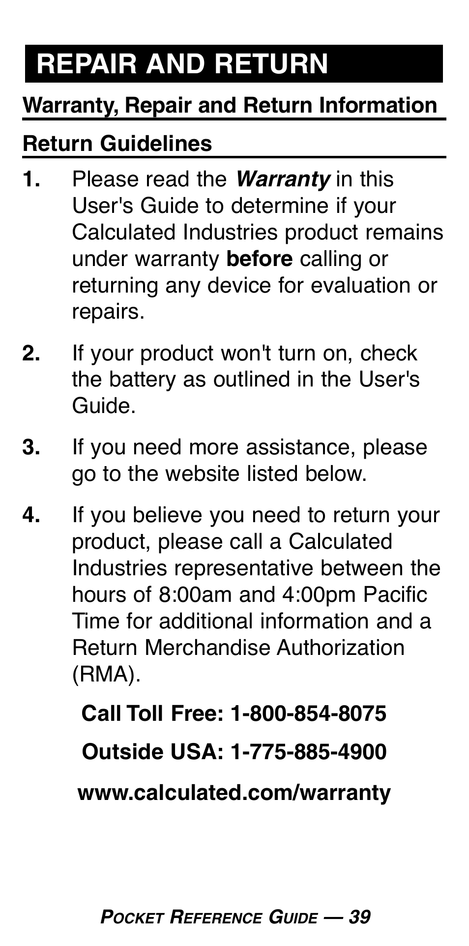 Repair and return | Calculated Industries 8025 User Manual | Page 43 / 47