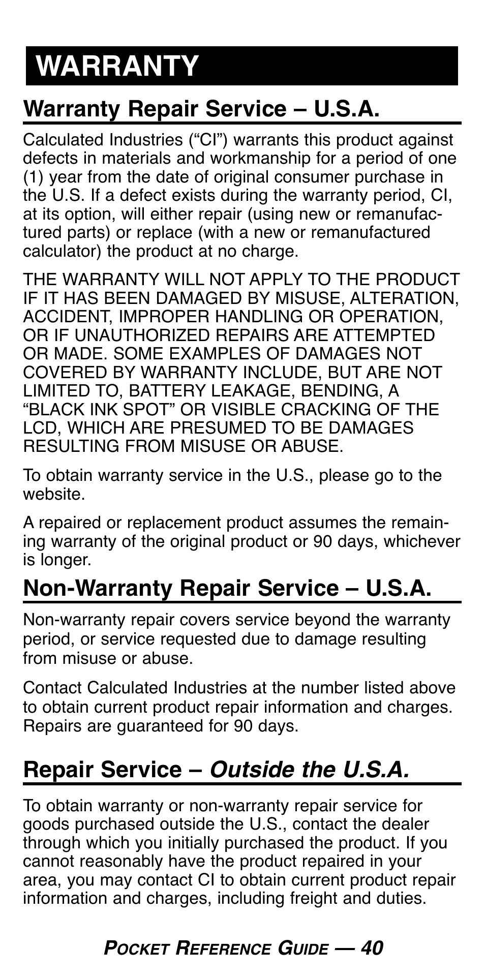 Warranty, Warranty repair service – u.s.a, Non-warranty repair service – u.s.a | Repair service – outside the u.s.a | Calculated Industries 8025 User Manual | Page 44 / 47