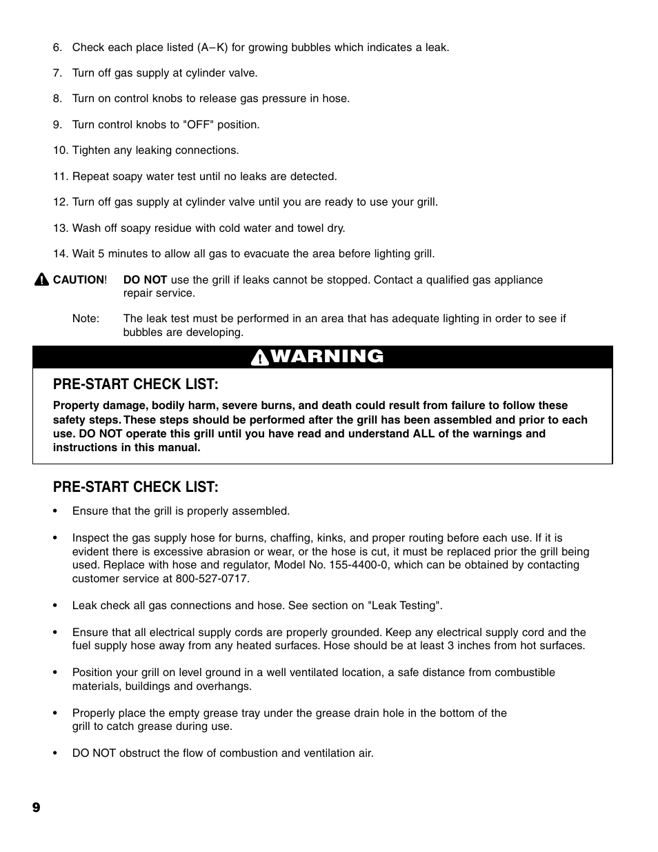 Warning, Pre-start check list | Brinkmann Series 4435 User Manual | Page 10 / 36