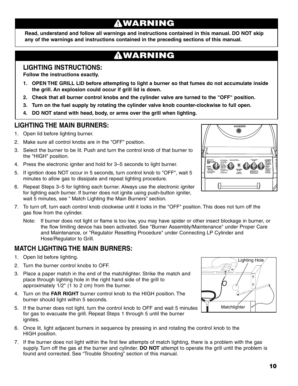 Warning, Lighting instructions, Lighting the main burners | Match lighting the main burners | Brinkmann Series 4435 User Manual | Page 11 / 36
