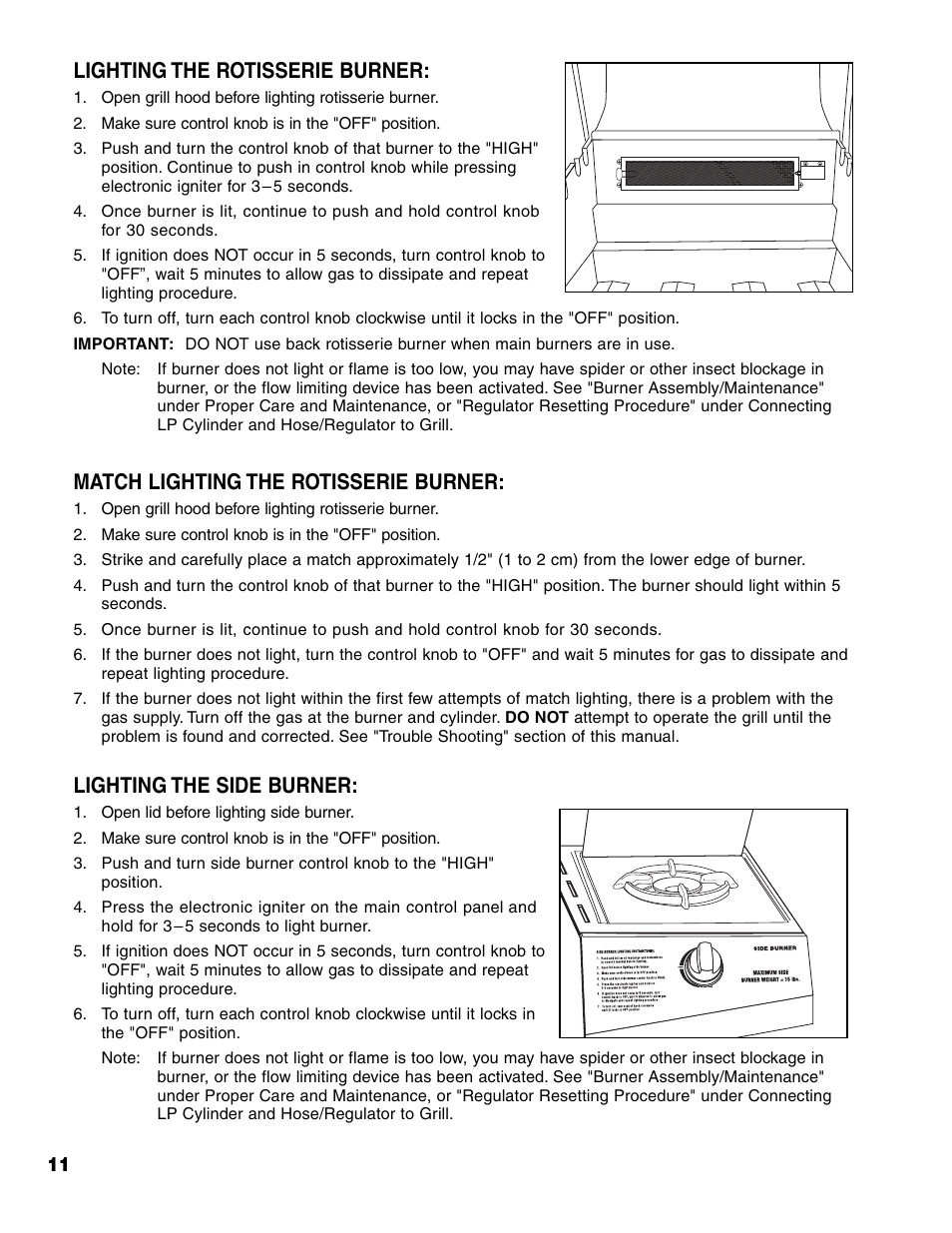 Lighting the rotisserie burner, Match lighting the rotisserie burner, Lighting the side burner | Brinkmann Series 4435 User Manual | Page 12 / 36