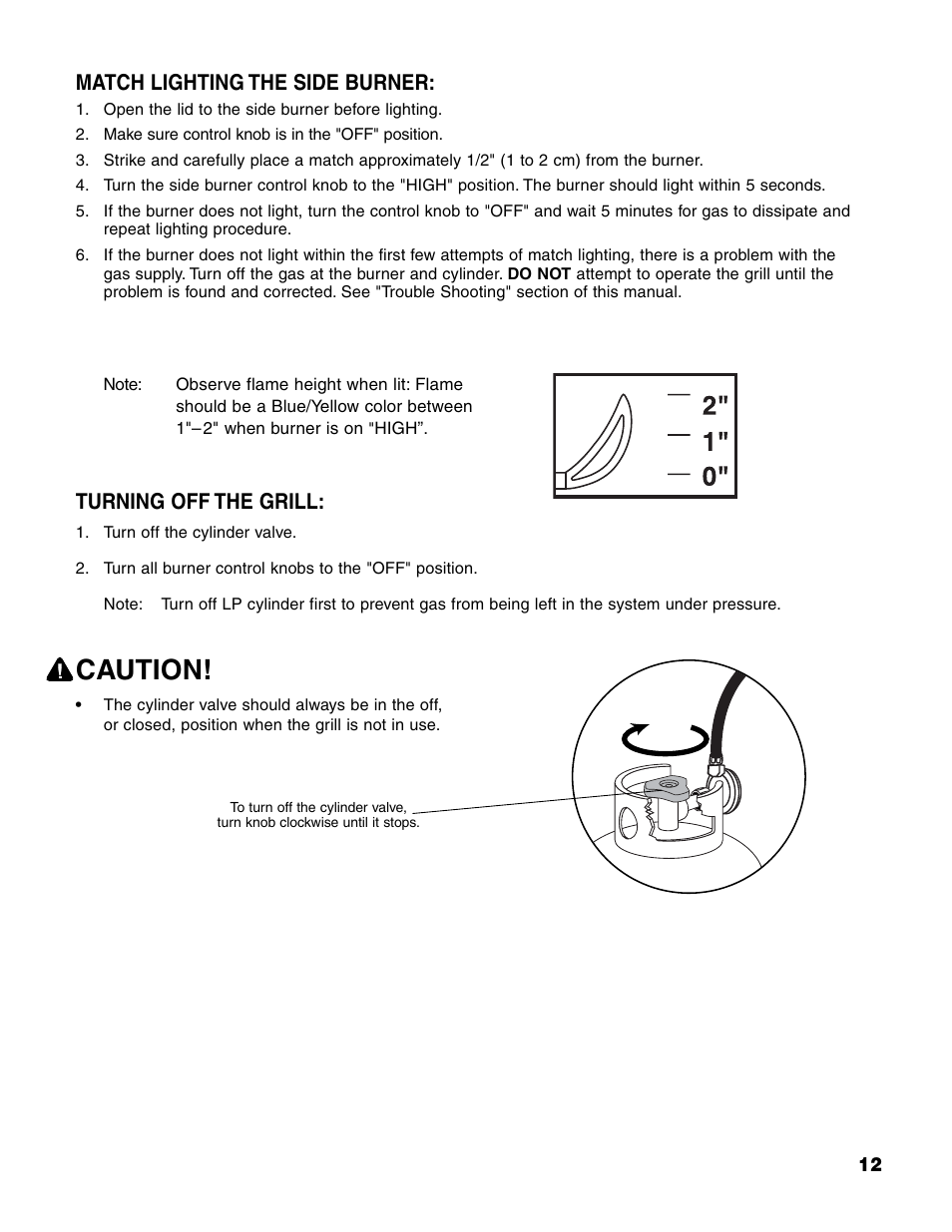 Caution, Match lighting the side burner, Turning off the grill | Brinkmann Series 4435 User Manual | Page 13 / 36
