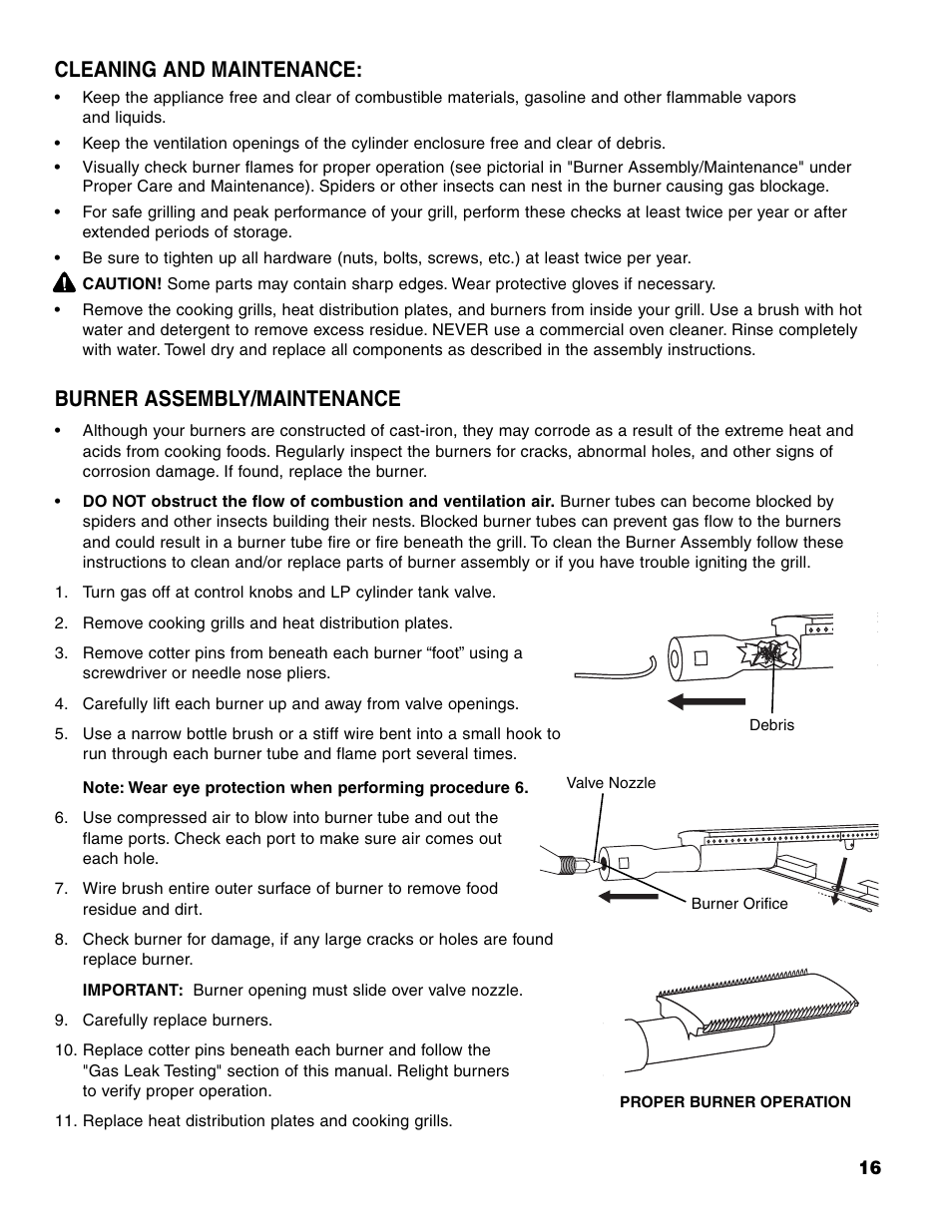 Burner assembly/maintenance, Cleaning and maintenance | Brinkmann Series 4435 User Manual | Page 17 / 36