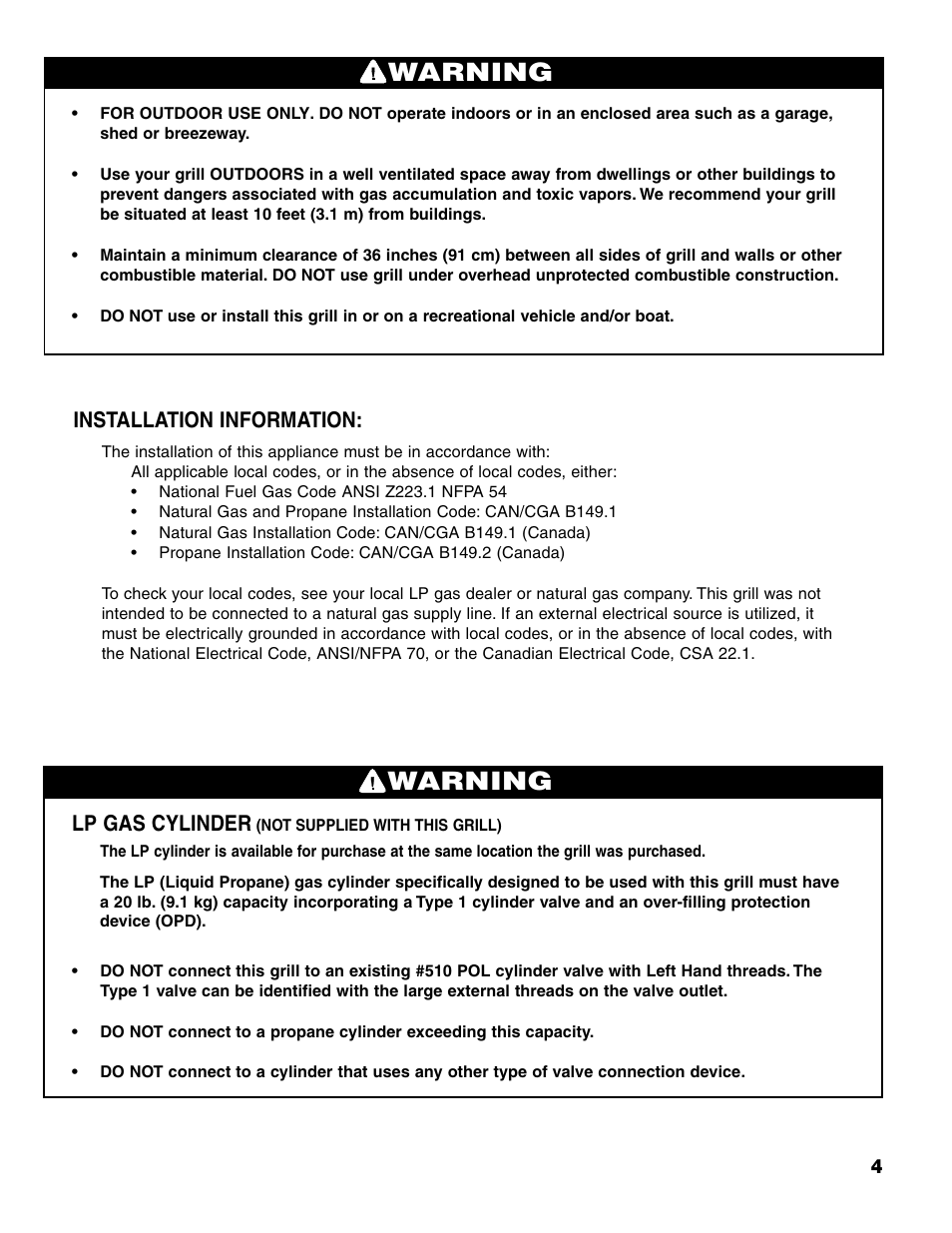 Warning, Lp gas cylinder, Installation information | Brinkmann Series 4435 User Manual | Page 5 / 36