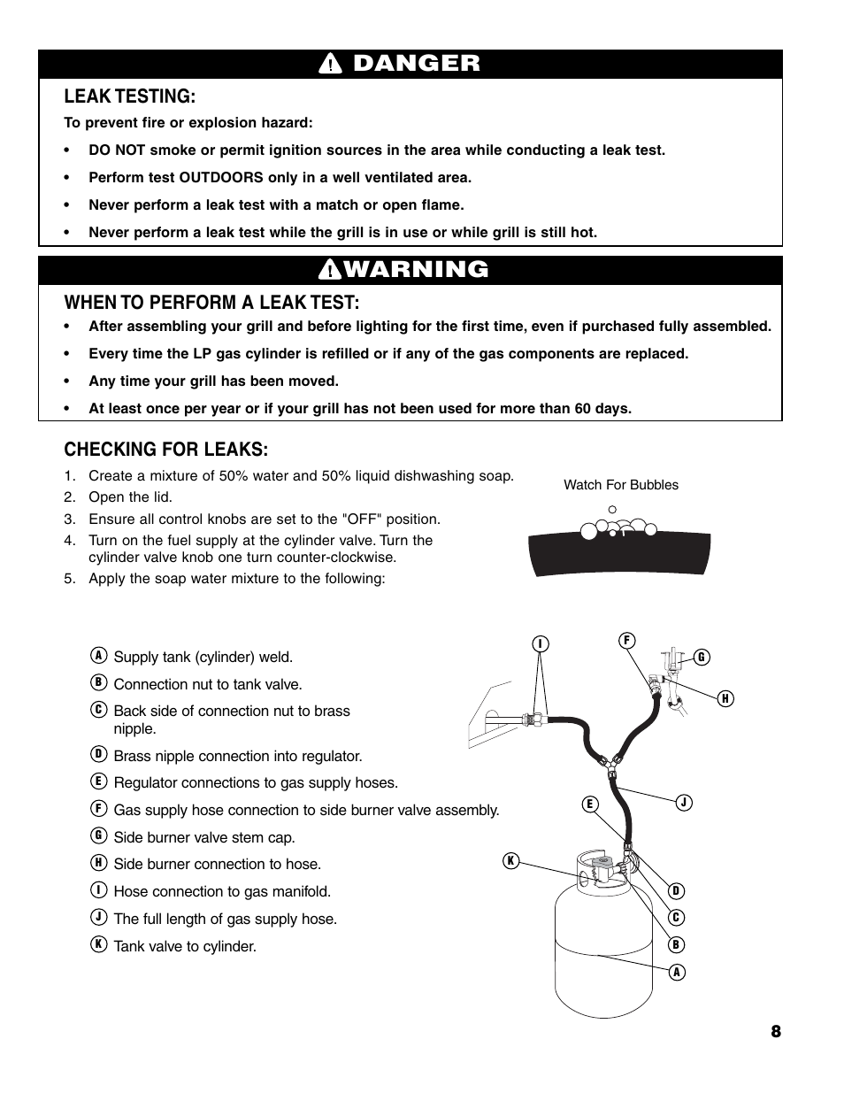 Warning, Danger, Leak testing | When to perform a leak test, Checking for leaks | Brinkmann Series 4435 User Manual | Page 9 / 36