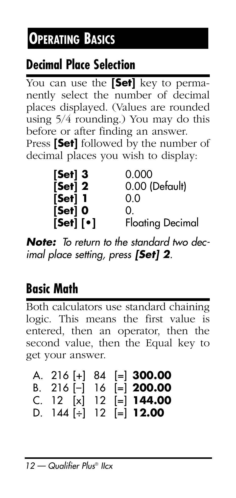 Decimal place selection, Basic math | Calculated Industries 3126 User Manual | Page 12 / 64