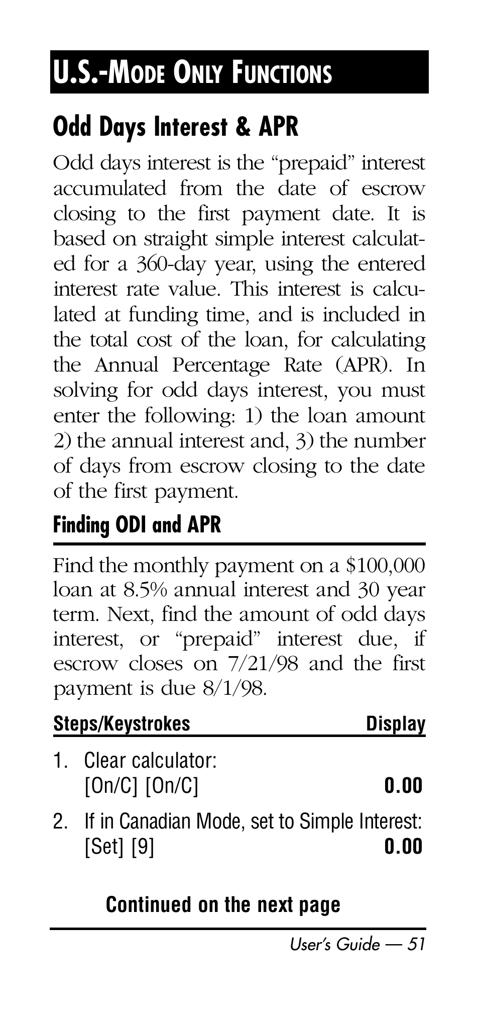 U.s.-m, Odd days interest & apr | Calculated Industries 3126 User Manual | Page 51 / 64