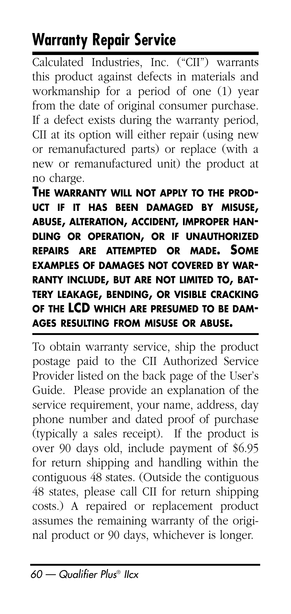 Warranty repair service | Calculated Industries 3126 User Manual | Page 60 / 64