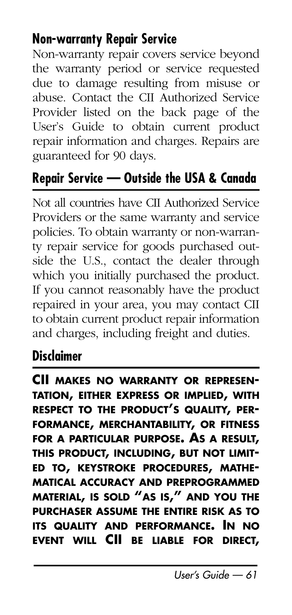 Non-warranty repair service, Repair service — outside the usa & canada, Disclaimer | Calculated Industries 3126 User Manual | Page 61 / 64