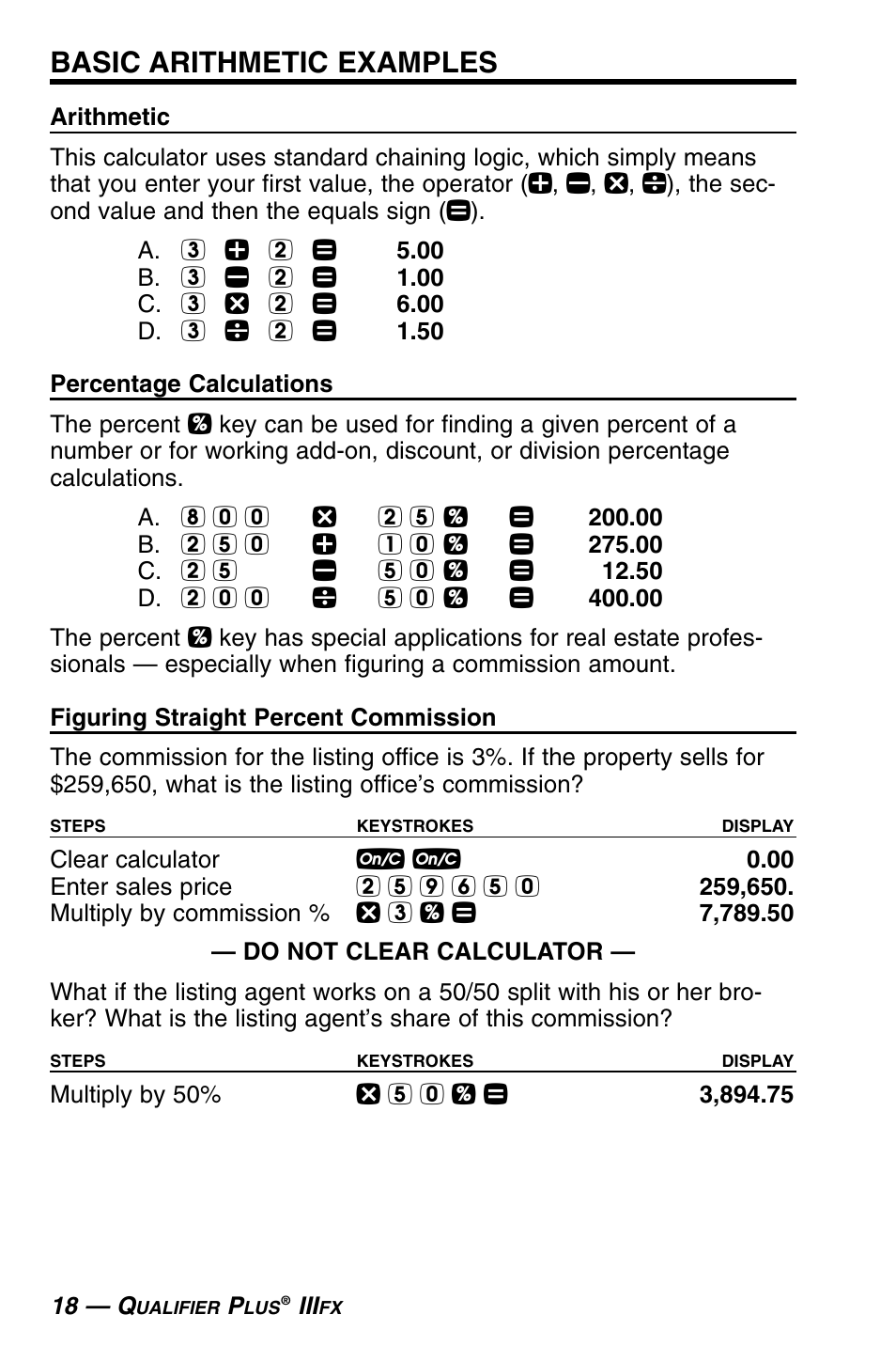 Basic arithmetic examples | Calculated Industries 3430 User Guide User Manual | Page 19 / 89