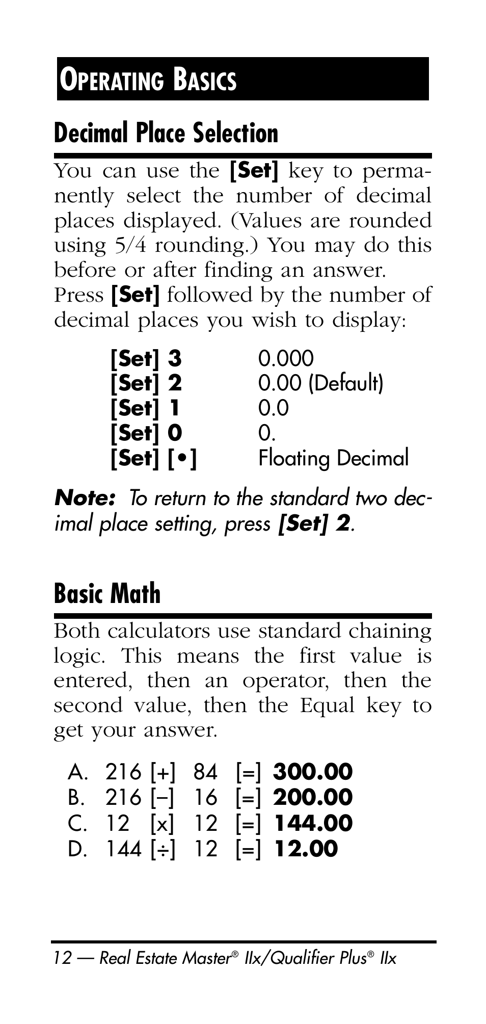 Decimal place selection, Basic math | Calculated Industries 3125 User Manual | Page 12 / 64