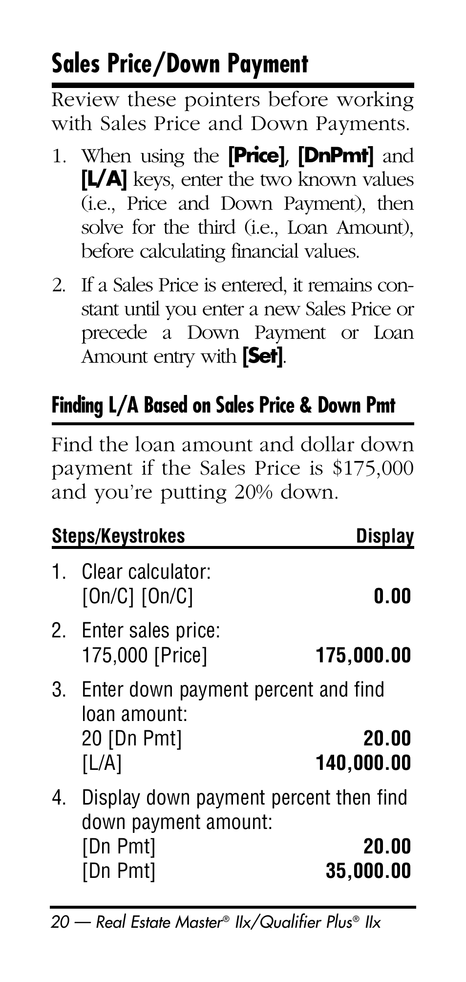 Sales price/down payment | Calculated Industries 3125 User Manual | Page 20 / 64