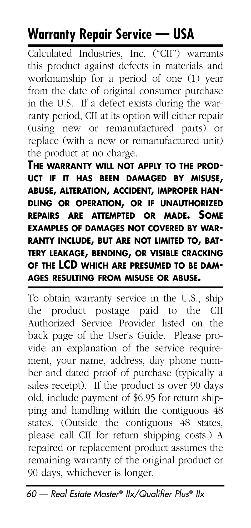 Warranty repair service — usa | Calculated Industries 3125 User Manual | Page 60 / 64