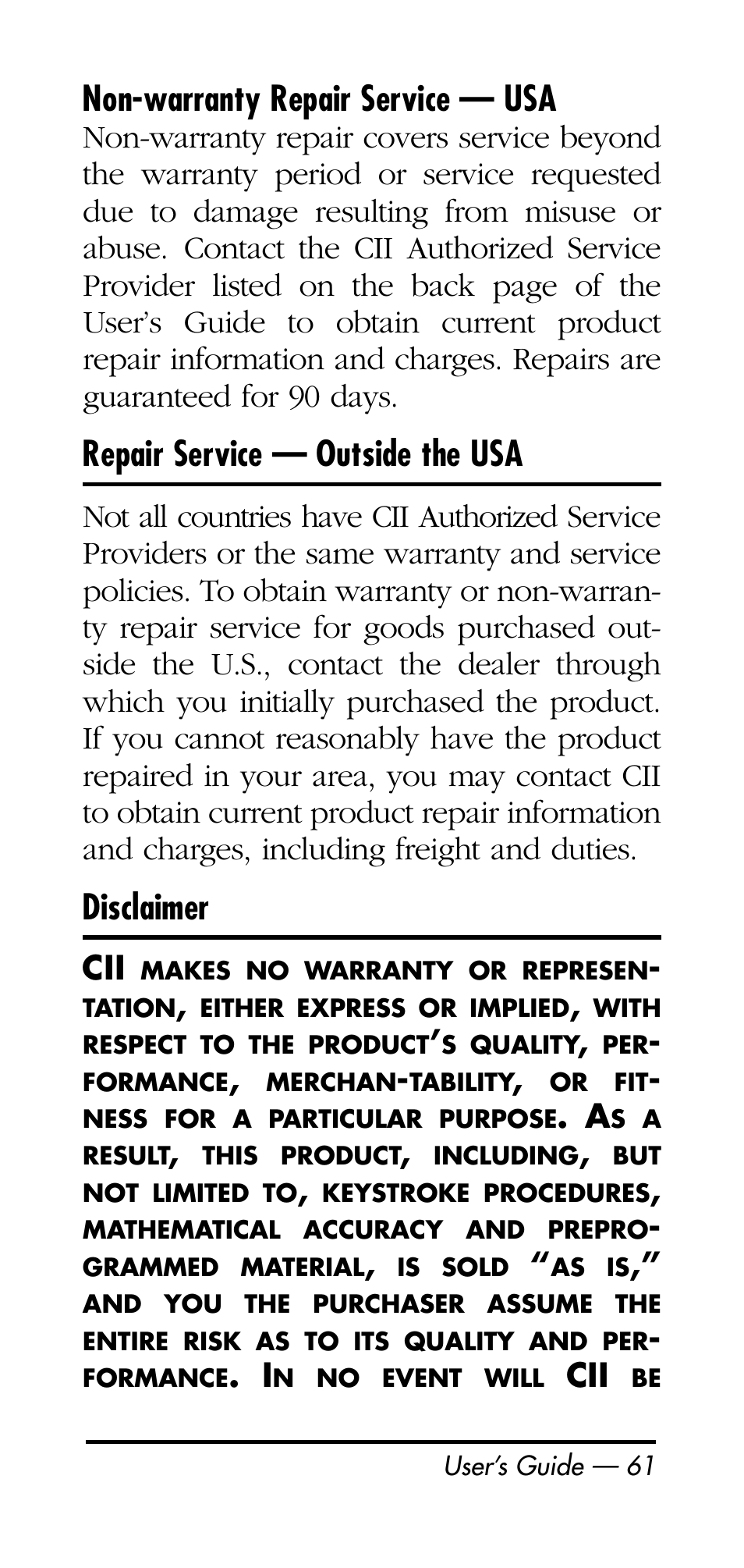 Non-warranty repair service — usa, Repair service — outside the usa, Disclaimer | Calculated Industries 3125 User Manual | Page 61 / 64