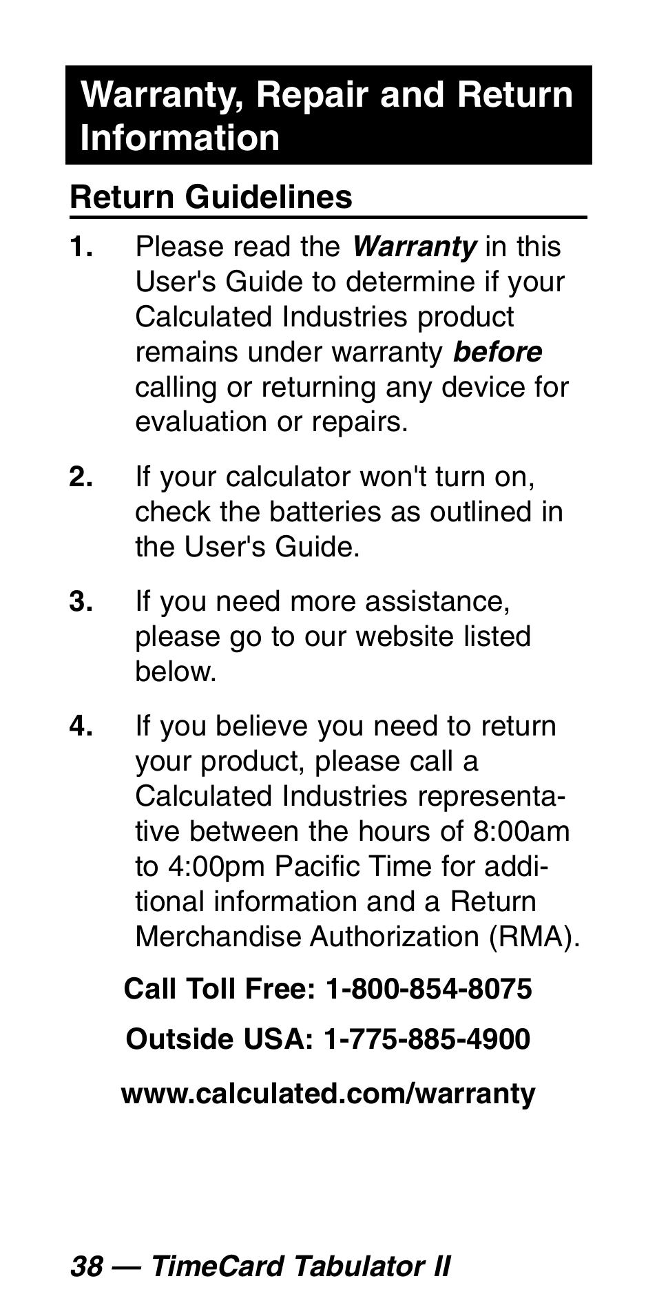 Warranty, repair and return information | Calculated Industries 9530 Pocket Reference Guide User Manual | Page 42 / 46