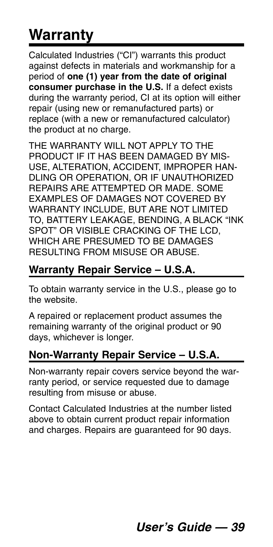 Warranty, User’s guide — 39 | Calculated Industries 9530 Pocket Reference Guide User Manual | Page 43 / 46