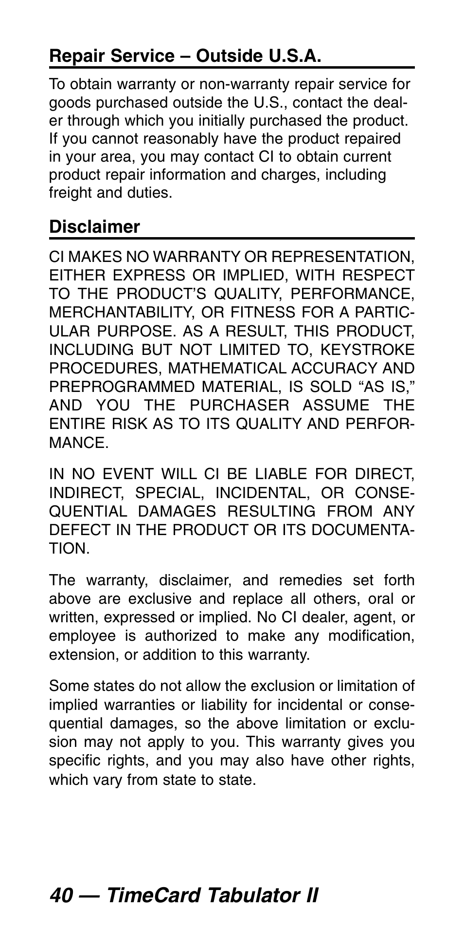 40 — timecard tabulator ii | Calculated Industries 9530 Pocket Reference Guide User Manual | Page 44 / 46