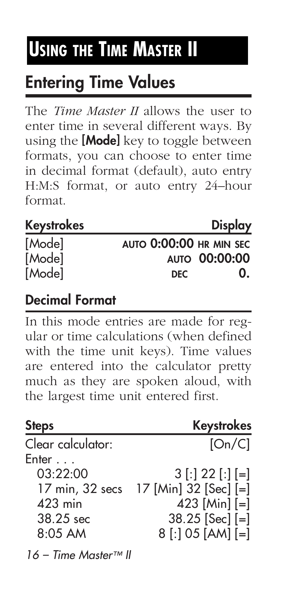 Entering time values, Sing the, Aster | Calculated Industries 9126 User Manual | Page 16 / 40