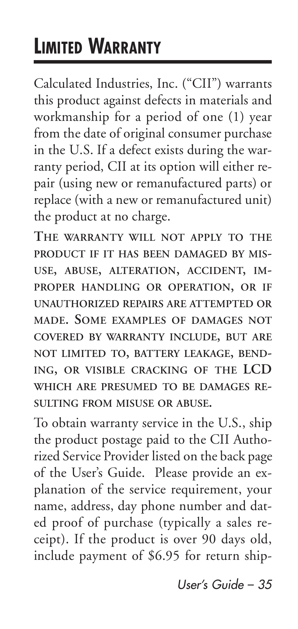 Imited, Arranty | Calculated Industries 9126 User Manual | Page 35 / 40