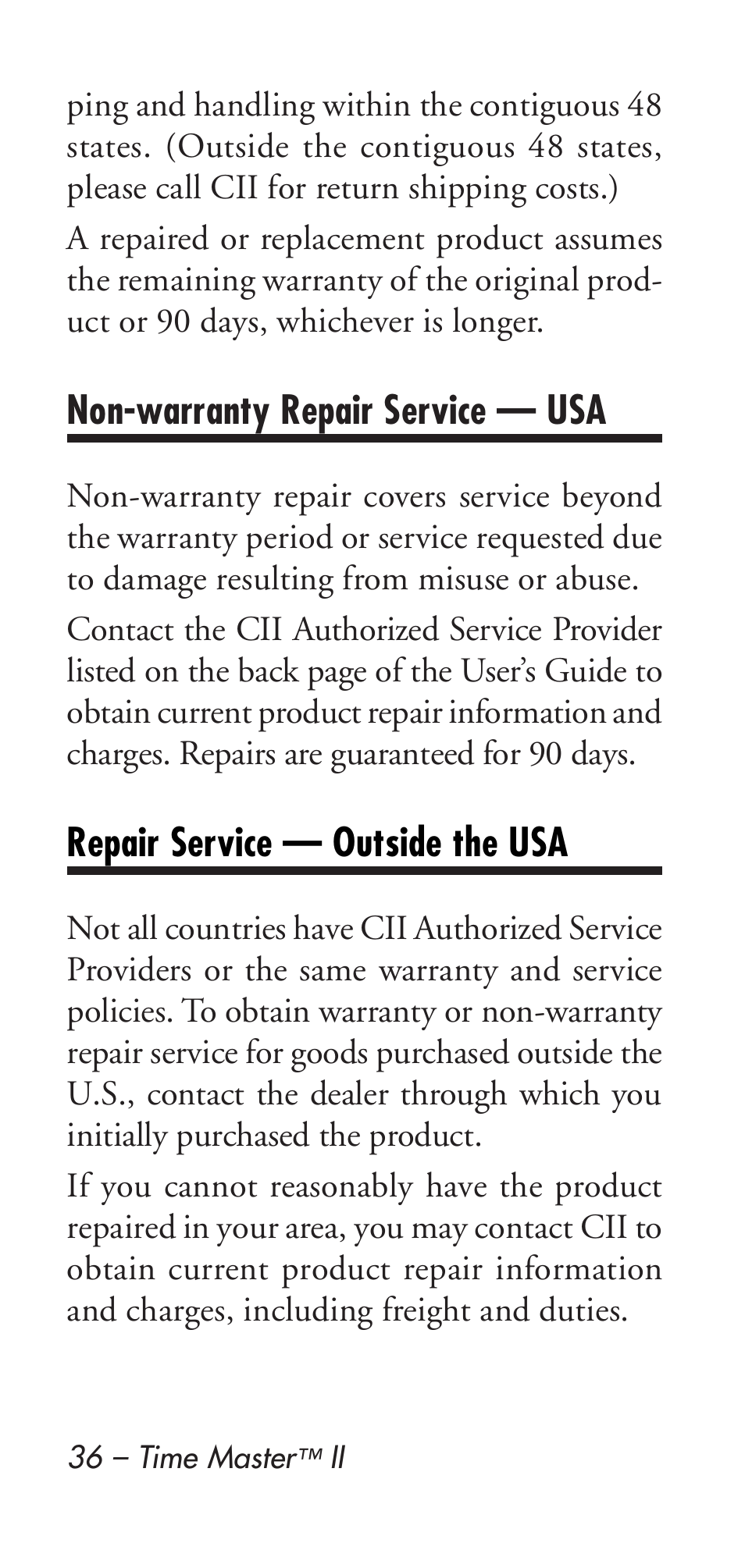 Non-warranty repair service — usa, Repair service — outside the usa | Calculated Industries 9126 User Manual | Page 36 / 40