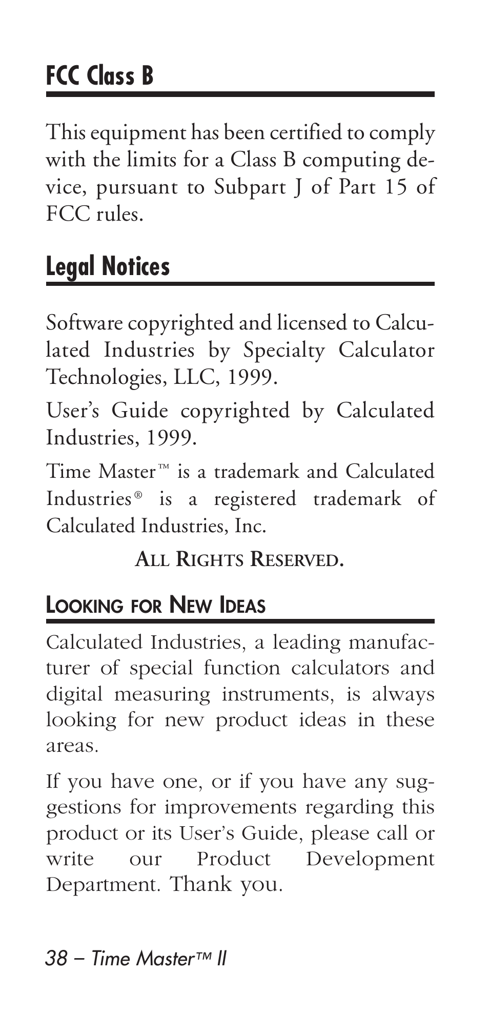 Fcc class b, Legal notices | Calculated Industries 9126 User Manual | Page 38 / 40