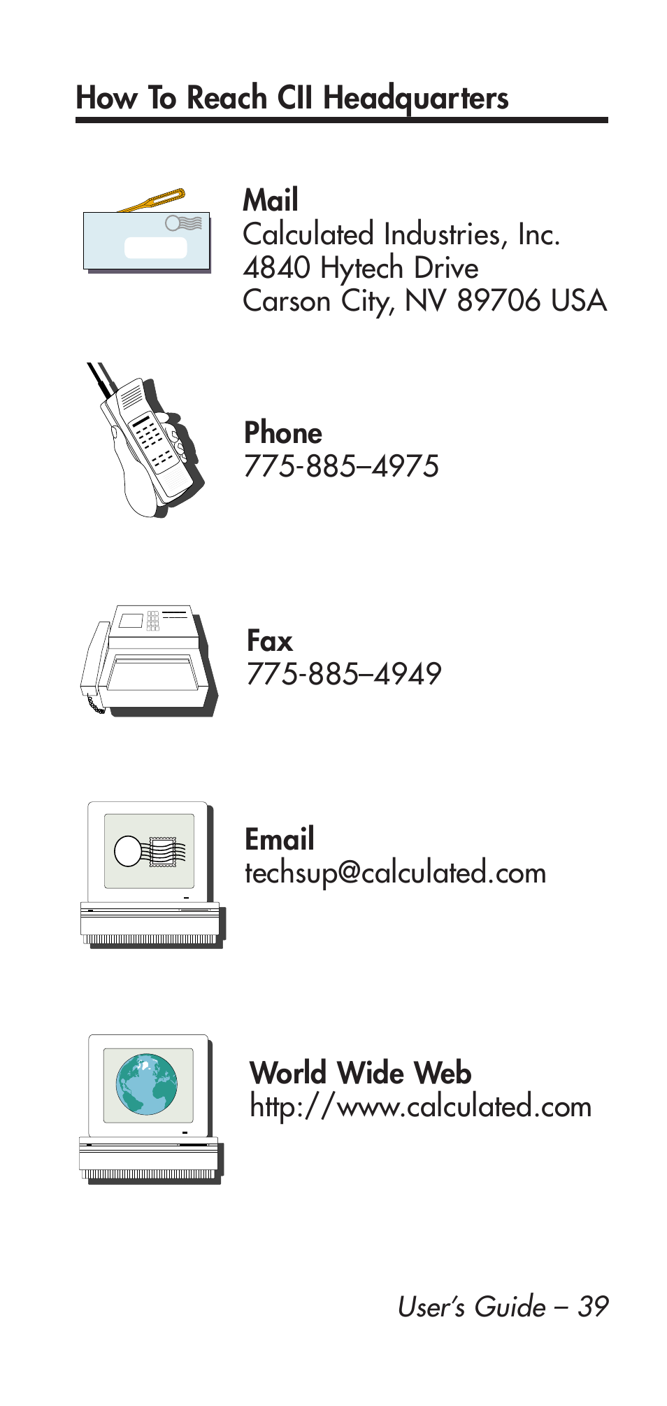 How to reach cii headquarters, User’s guide – 39 | Calculated Industries 9126 User Manual | Page 39 / 40