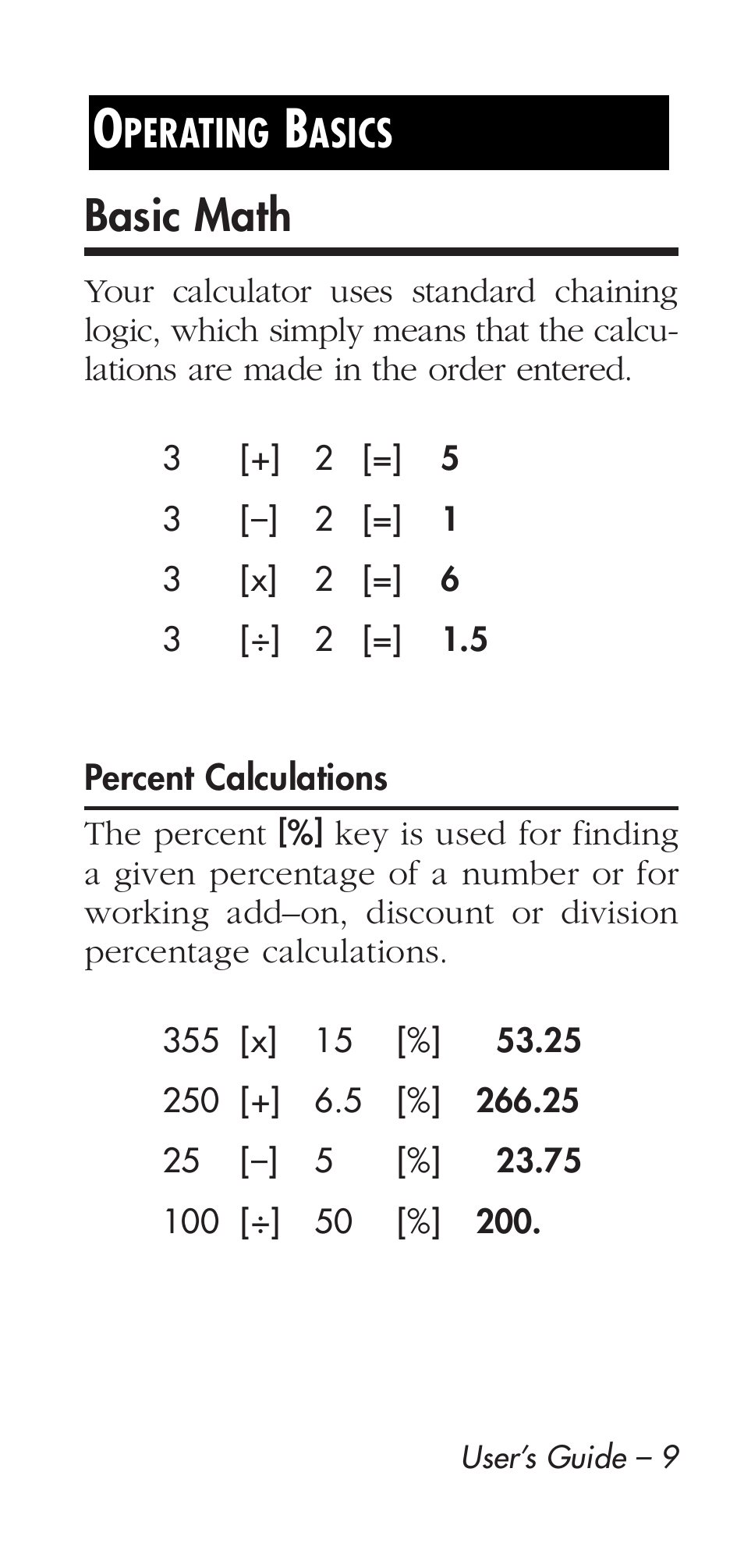 Basic math, Perating, Asics | Calculated Industries 9126 User Manual | Page 9 / 40