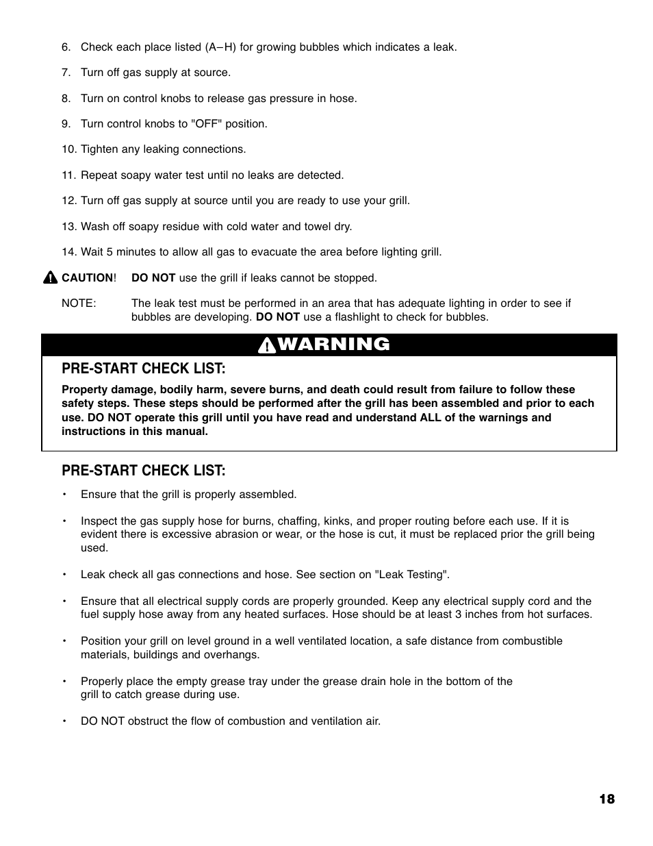 Warning, Pre-start check list | Brinkmann ELITE SERIES 4685 User Manual | Page 19 / 28