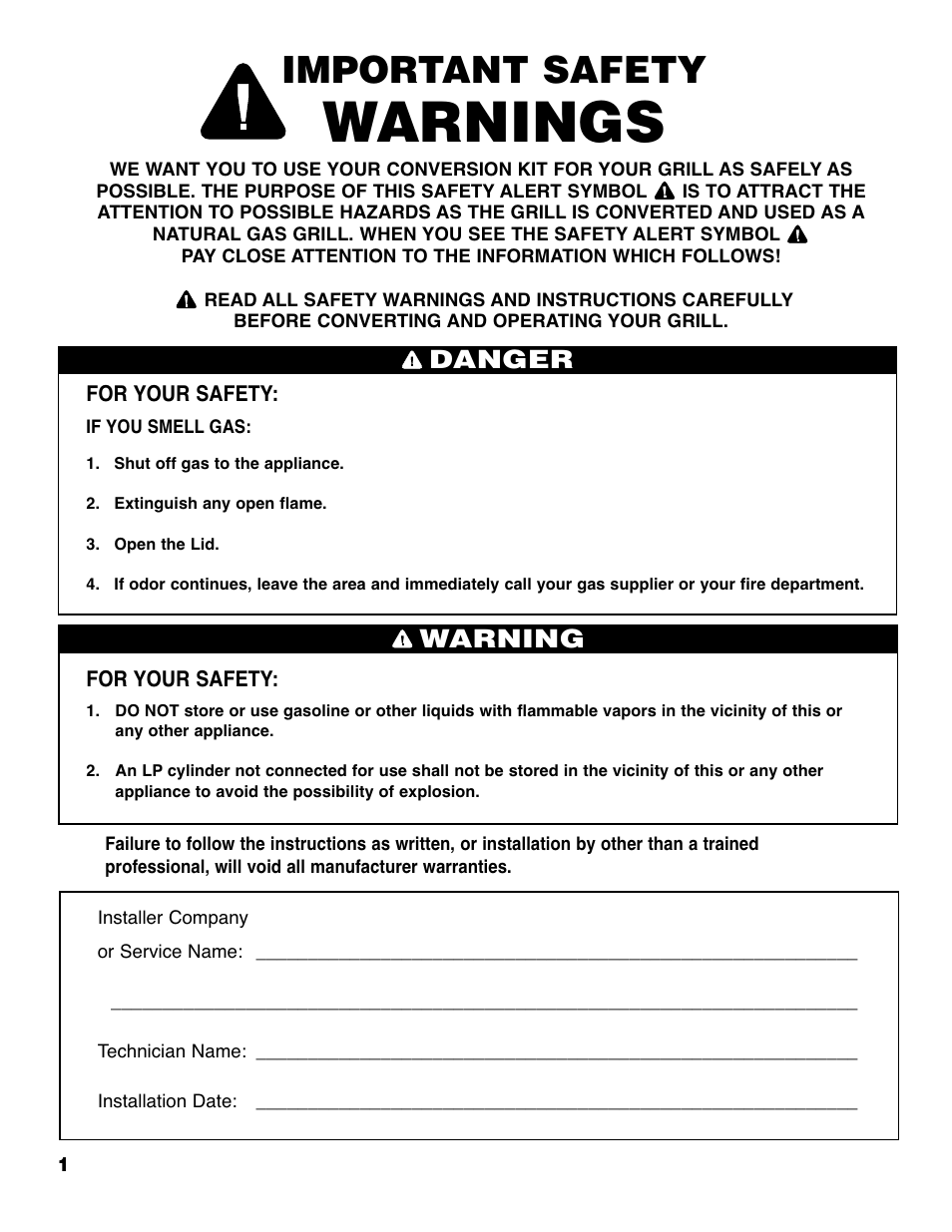 Warnings, Important safety, Danger | Warning | Brinkmann ELITE SERIES 4685 User Manual | Page 2 / 28