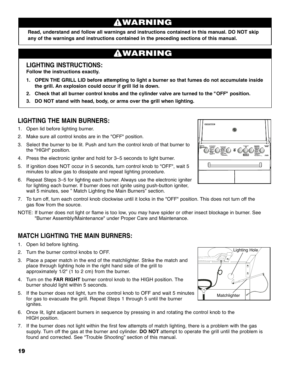 Warning, Lighting instructions, Lighting the main burners | Match lighting the main burners | Brinkmann ELITE SERIES 4685 User Manual | Page 20 / 28