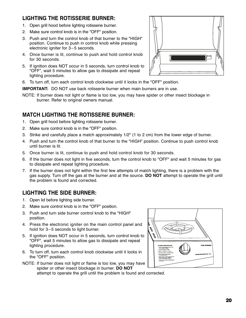 Lighting the rotisserie burner, Match lighting the rotisserie burner, Lighting the side burner | Brinkmann ELITE SERIES 4685 User Manual | Page 21 / 28